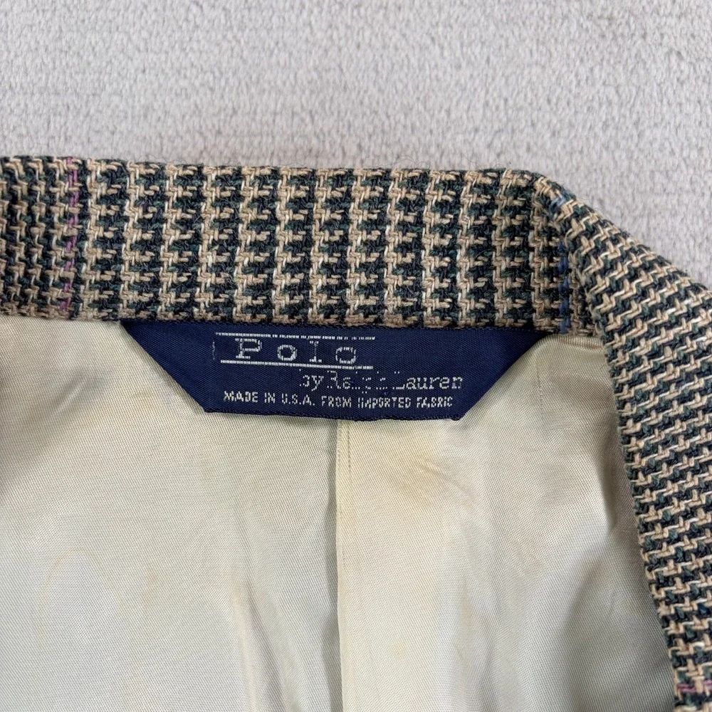 VTG Polo Ralph Lauren Blazer Jacket 42 Glen Check Silk Linen Wool 80s 90s USA